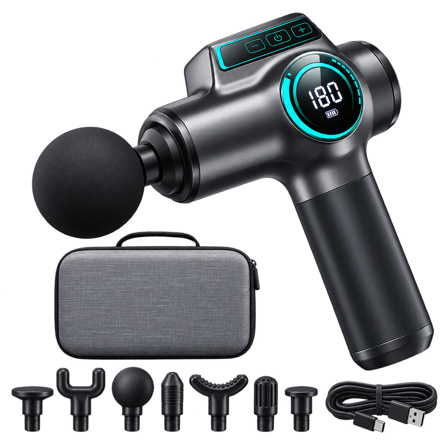 RECOIL 99 massage gun with carry case, six attachment heads and USB-C cable